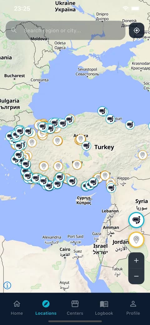 Türkiye haritasında dalış noktaları ve merkezleri