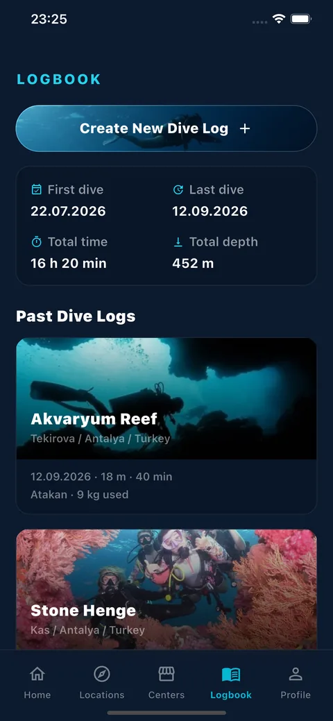 Dijital dalış günlüğü ekranı