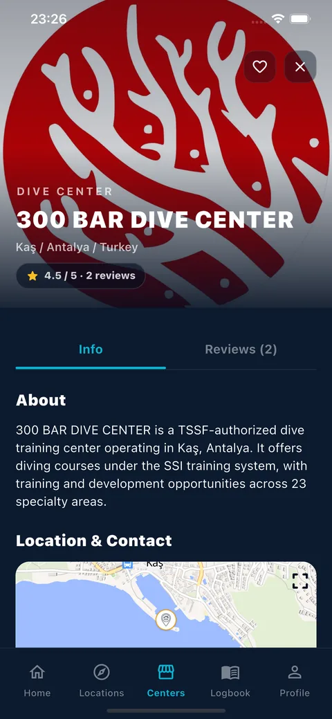 300 Bar Dive Center profil ekranı